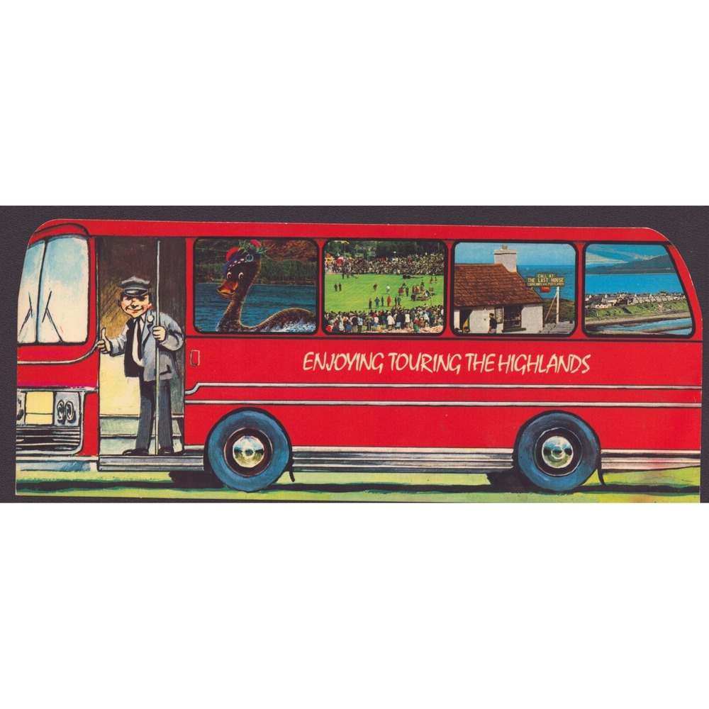 Scotland Scottish Highlands Tour Bus Die Cut Postcard Loch Ness Monster Nessie